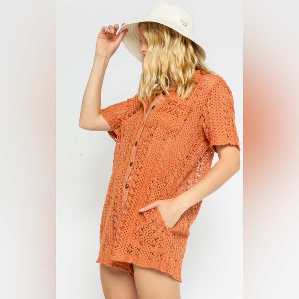 Olivaceous Sunshine Romper Orange Short Sleeve Crochet - Picture 3 of 7